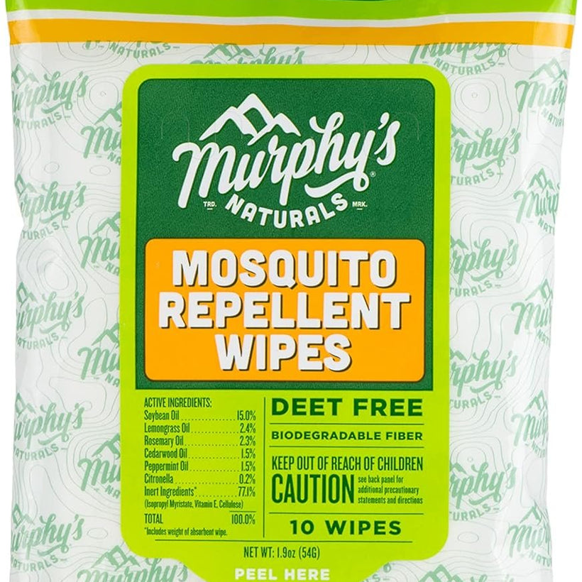 Murphy's Naturals Mosquito Repellent Wipes | DEET Free | Made with Plant Based Essential Oils | Includes Citronella + Lemongrass | Easy to Use | Great for Family | Travel Sized | 10 Wipes