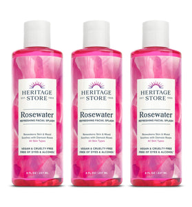 Heritage Store Rosewater, Refreshing Facial Splash for Glowing Skin, with Damask Rose, All Skin Types, Rose Water for Face Made Without Dyes or Alcohol, Vegan & Cruelty Free (8oz, 3pk)