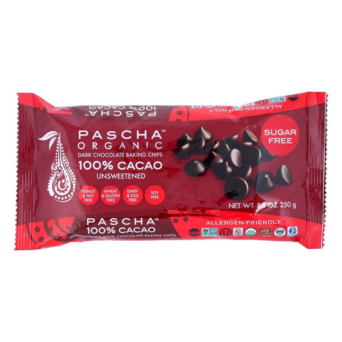 Pascha Organic Unsweetened Dark Chocolate Chips, 100% Cacao, 8.8 oz (Pack of 6)