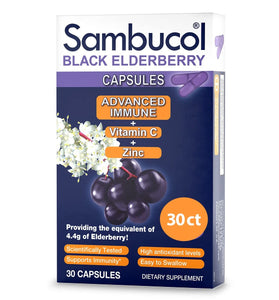 Sambucol Black Elderberry Capsules - Advanced Immune, Vitamin C and Zinc, Elderberry Capsules, Immune Support Supplement, Black Elderberry Supplements, Gluten Free, Easy to Swallow Capsules - 30 Count