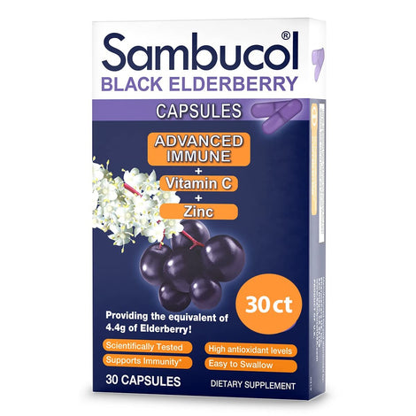 Sambucol Black Elderberry Capsules - Advanced Immune, Vitamin C and Zinc, Elderberry Capsules, Immune Support Supplement, Black Elderberry Supplements, Gluten Free, Easy to Swallow Capsules - 30 Count
