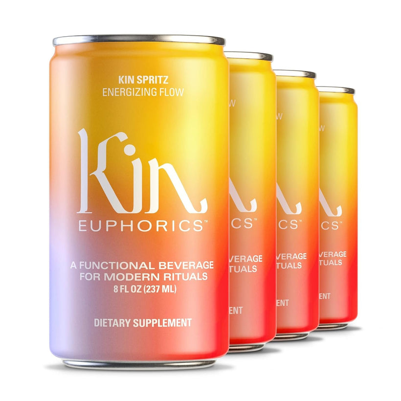 Kin Spritz by Kin Euphorics, Non Alcoholic Spirits, Ready to Drink, Adaptogen, Nootropic, Botanical, Fresh Citrus, Hibiscus, Caffeine, Rhodiola Rosea, Awaken the Mind, Uplift the Mood, 8 Fl Oz (4pk)