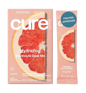 Cure Hydrating Plant Based Electrolyte Mix | Powder for Dehydration Relief | FSA & HSA Eligible | Made with Coconut Water | No Added Sugar | Vegan | Paleo Friendly | Box of 8 Packets - Grapefruit