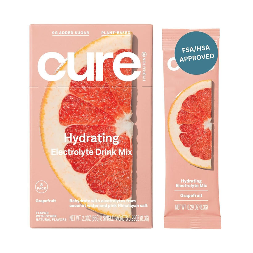 Cure Hydrating Plant Based Electrolyte Mix | Powder for Dehydration Relief | FSA & HSA Eligible | Made with Coconut Water | No Added Sugar | Vegan | Paleo Friendly | Box of 8 Packets - Grapefruit