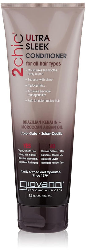 GIOVANNI 2chic Ultra-Sleek Conditioner - Brazilian Phyto-Keratin & Moroccan Argan Oil, Anti-Frizz Formula, Coconut, Shea Butter, Pro-Vitamin B5, Color Safe, Paraben Free - 8.5 oz